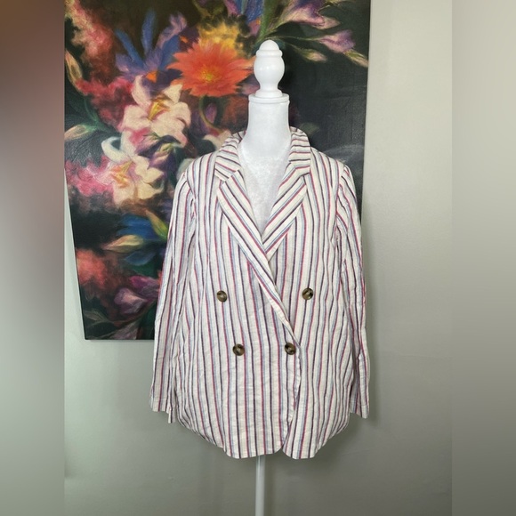 Dolan Anthropologie Striped Linen Summer Double Breast Blazer M career Office - Picture 2 of 8